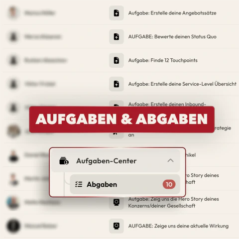 Screenshot der Lernplattform: Aufgabenliste und Aufgaben-Center mit „Abgaben (10)“, Beschriftung „Aufgaben & Abgaben“