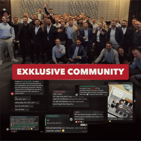 Gruppenfoto mit vielen Personen und darunter Screenshots eines Community-Chats, Beschriftung „Exklusive Community“
