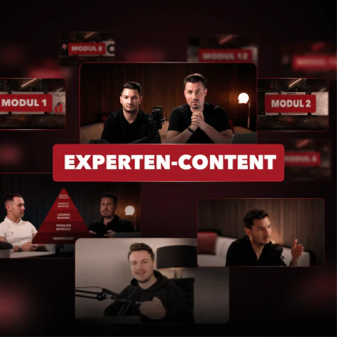 Collage der Lernplattform: Modul-Kacheln mit Videostills von Nino Fischlein, Beschriftung „Experten-Content“