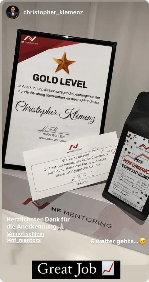 Instagram-Story eines Members: Urkunde „GOLD LEVEL“, Text „Herzlichsten Dank für die Anerkennung“ und „Great Job“