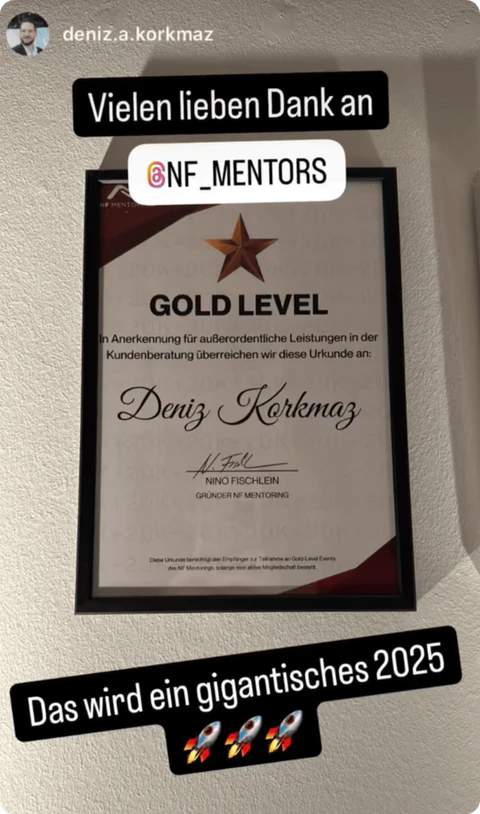 Instagram-Story eines Members: Urkunde „GOLD LEVEL“, Dank an das NF-Team und „Das wird ein gigantisches 2025“