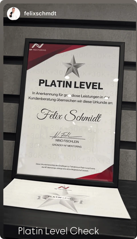 Instagram-Story eines Members: Urkunde „PLATIN LEVEL“, Text „Platin Level Check“