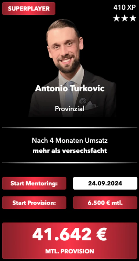 Superplayer-Karte eines Members: Start im Mentoring, Start-Provision und monatliche Provision