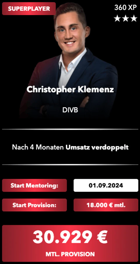 Superplayer-Karte von Christopher Klemenz: Start im Mentoring, Start-Provision und monatliche Provision