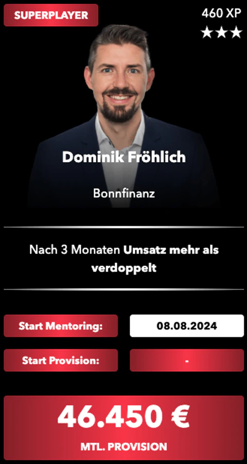 Superplayer-Karte eines Members: Start im Mentoring, Start-Provision und monatliche Provision