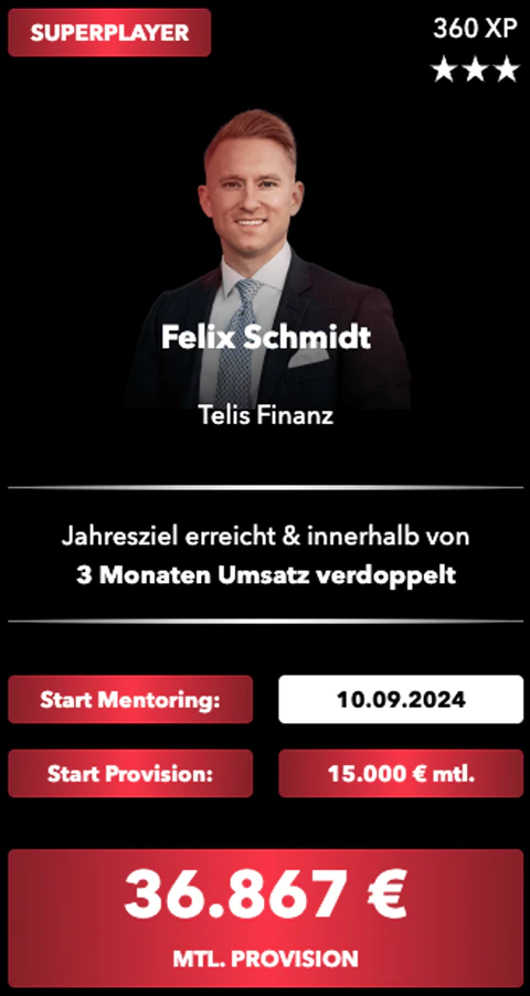Superplayer-Karte von Felix Schmidt, Telis Finanz: Start im Mentoring, Start-Provision und monatliche Provision