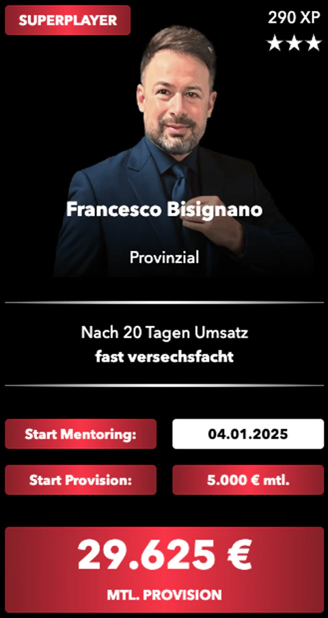 Superplayer-Karte von Francesco Bisignano, Provinzial: Start im Mentoring, Start-Provision und monatliche Provision