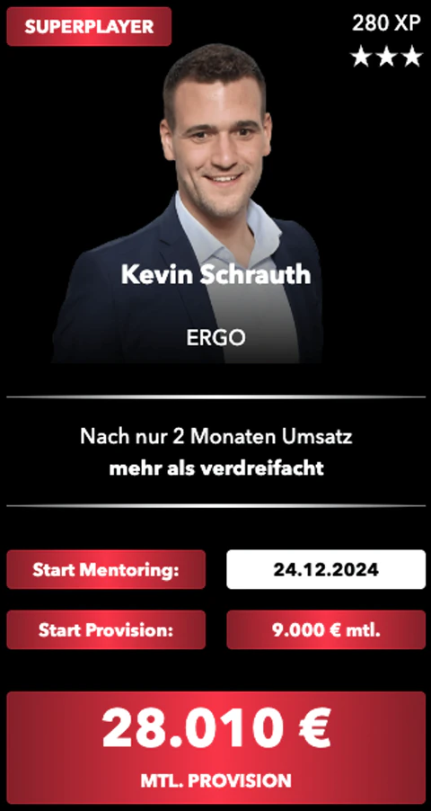 Superplayer-Karte eines Members: Start im Mentoring, Start-Provision und monatliche Provision