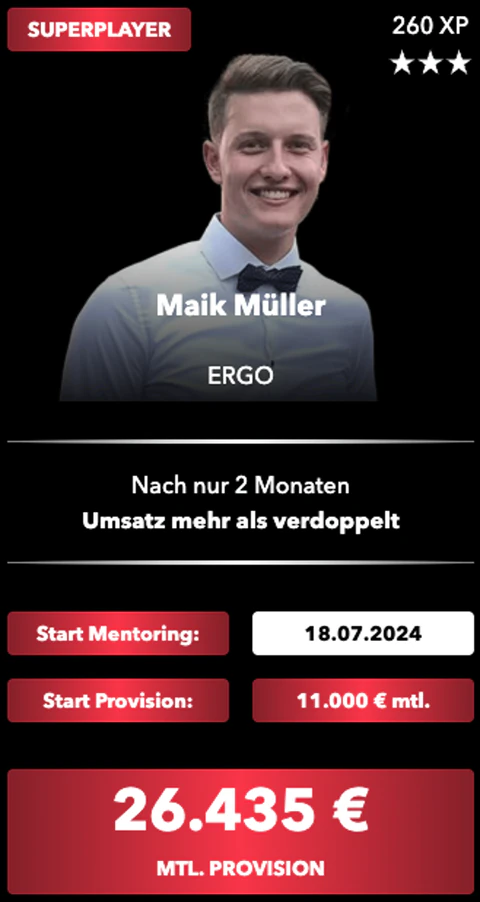 Superplayer-Karte von Maik Müller, ERGO: Start im Mentoring, Start-Provision und monatliche Provision