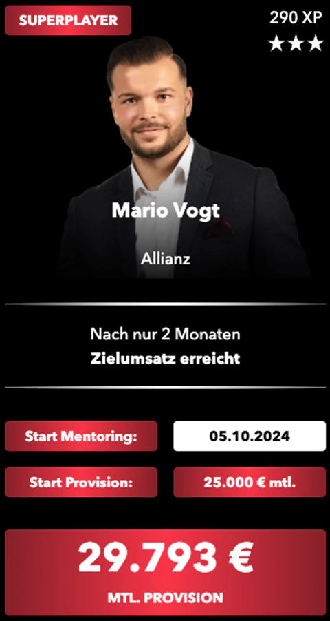 Superplayer-Karte eines Members: Start im Mentoring, Start-Provision und monatliche Provision
