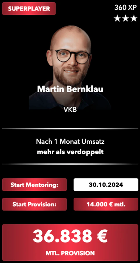Superplayer-Karte eines Members: Start im Mentoring, Start-Provision und monatliche Provision