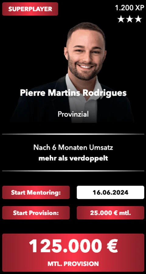 Superplayer-Karte von Pierre Martins Rodrigues, Provinzial: Start im Mentoring, Start-Provision und monatliche Provision