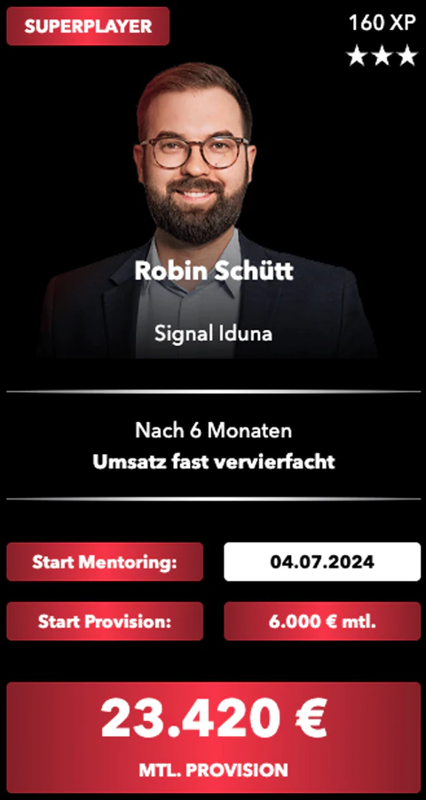Superplayer-Karte eines Members: Start im Mentoring, Start-Provision und monatliche Provision