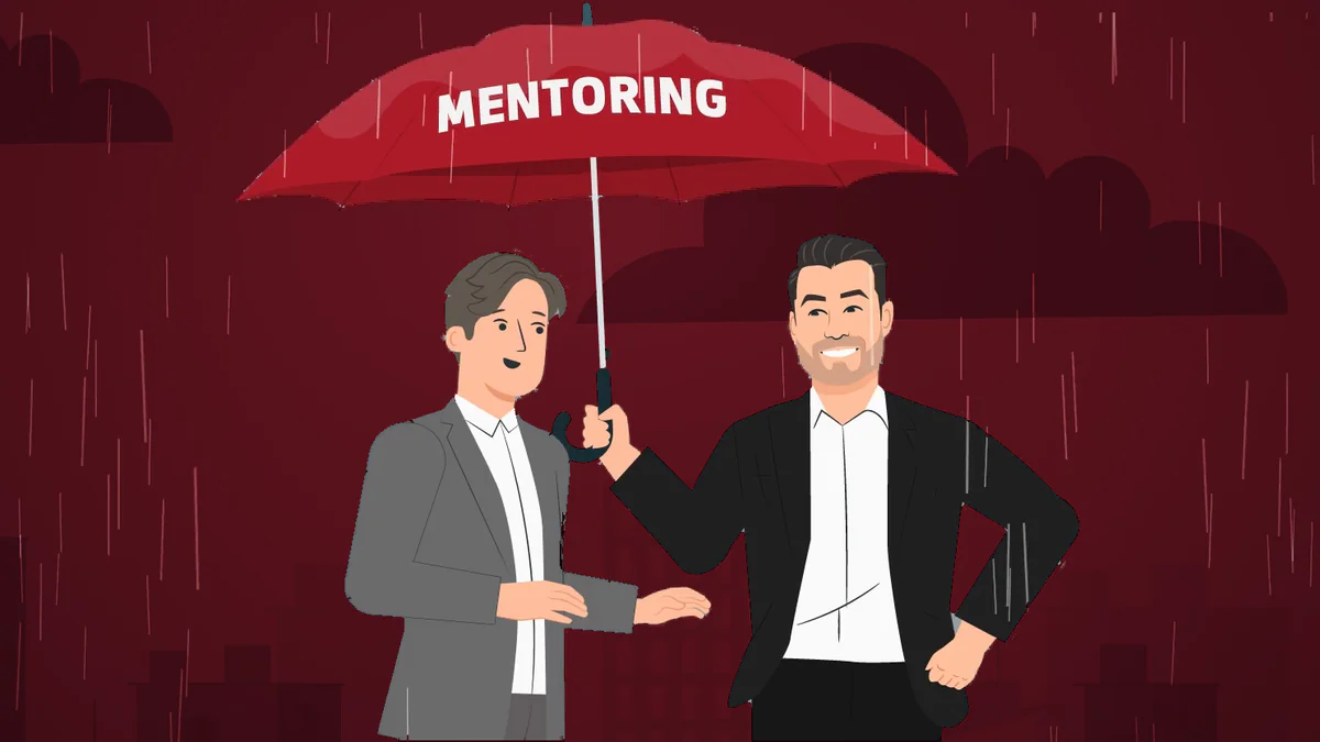 Standbild aus dem Erklärfilm: zwei gezeichnete Männer im Anzug unter einem roten Schirm mit der Aufschrift „Mentoring“ im Regen