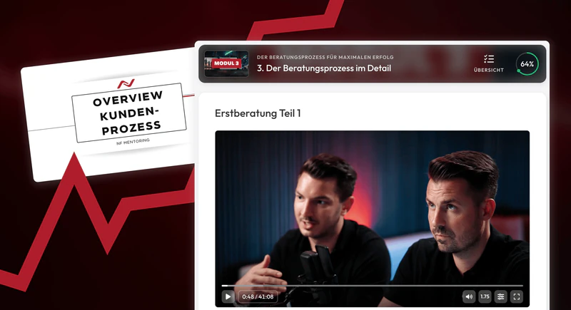 Screenshot der Lernplattform: Videoplayer mit Nino Fischlein und einem zweiten Mann, darunter „Modul 3 · Der Beratungsprozess im Detail · Erstberatung Teil 1“ und eine Karte „Overview Kundenprozess“
