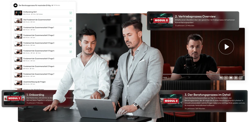 Collage aus der Masterclass: Lektionsliste, Modul-Karten Onboarding, Vertriebsprozess Overview und Beratungsprozess im Detail, Nino Fischlein mit einem Berater am Laptop