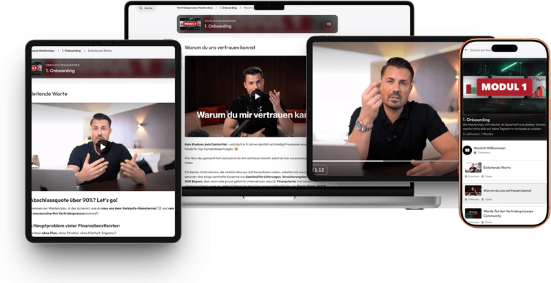 Die Vertriebsprozess Masterclass auf Laptop, Tablet und Smartphone: Video-Lektionen mit Nino Fischlein, Modul 1 Onboarding