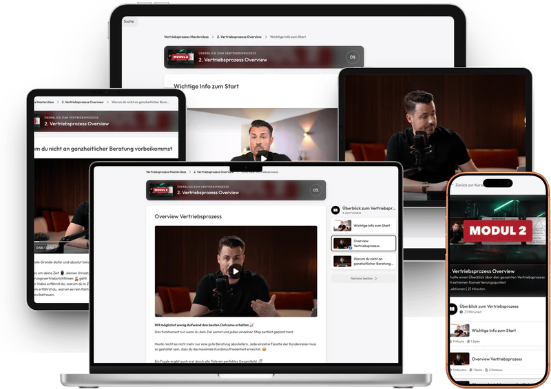 Die Lektion „Vertriebsprozess Overview“ der Masterclass auf Laptop, Tablet und Smartphone