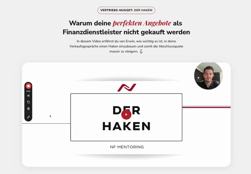 Standbild aus dem Video „Der Haken“: Titel „Warum deine perfekten Angebote als Finanzdienstleister nicht gekauft werden“